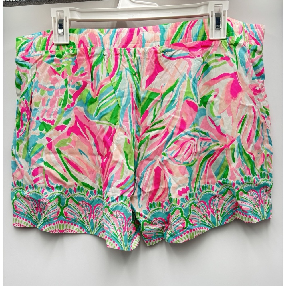 Lilly Pulitzer XL Ruffle Hem Shorts Pink Green Blue Tropical Rayon Pull On - Picture 6 of 10